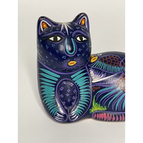 Cat Kitten Mexican Folk Art Pottery Blue W Bird Figurine Tonala Talavera Style - Picture 2 of 10